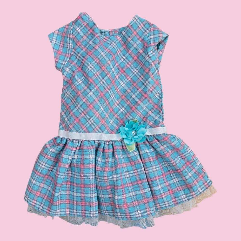 Youngland Toddler Girl Dress 3T, Turquoise Pink Plaid with Flower & Tulle Skirt